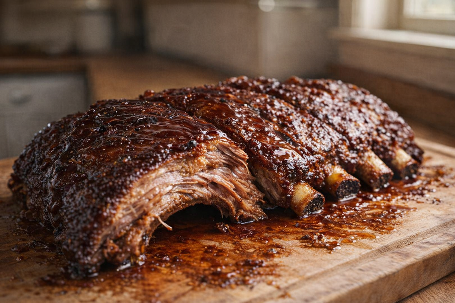 A close-up of perfectly baked ribs on a wooden cutting board, glistening with barbecue sauce, meat pulling away from the bone, warm, inviting light